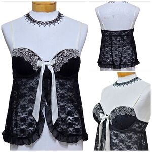 Vtg Black Lace Ruffle Black Babydoll Top Sz M Cami Fairy Whimsigoth Grundge